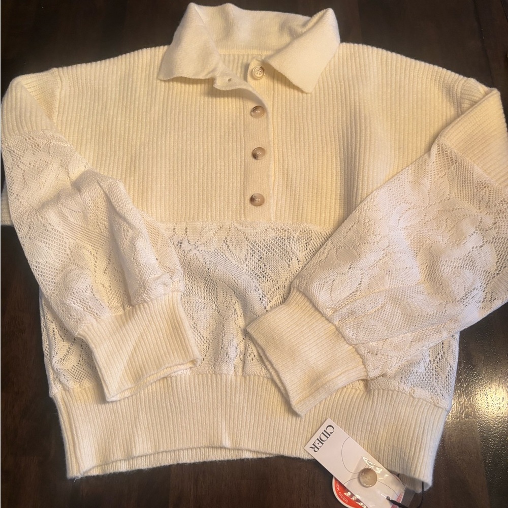 Cider Cream Lace-Inset Turtleneck Sweater